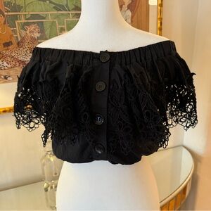 Flavio Castellani Classy Black Off The Shoulder Crop Top With Black Lace Trim.
